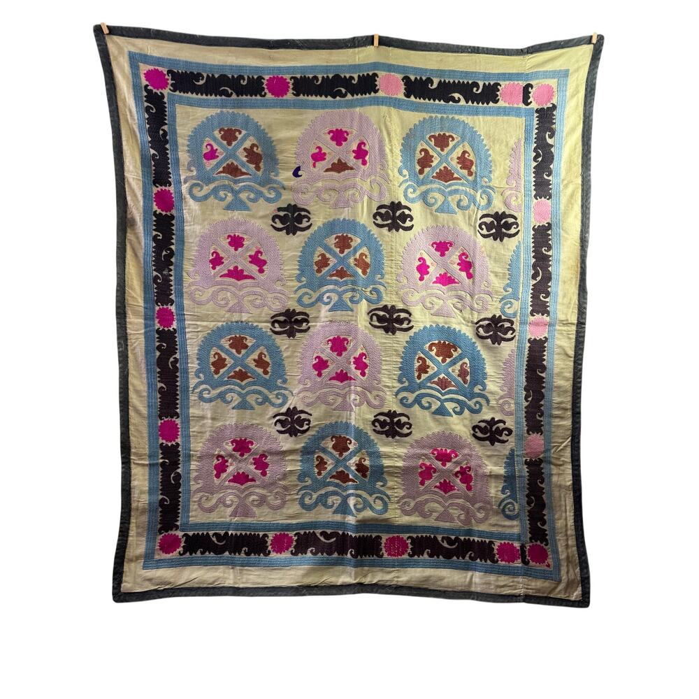 19th Century Silk on Cotton Uzbek Suzani Tapestry Throw